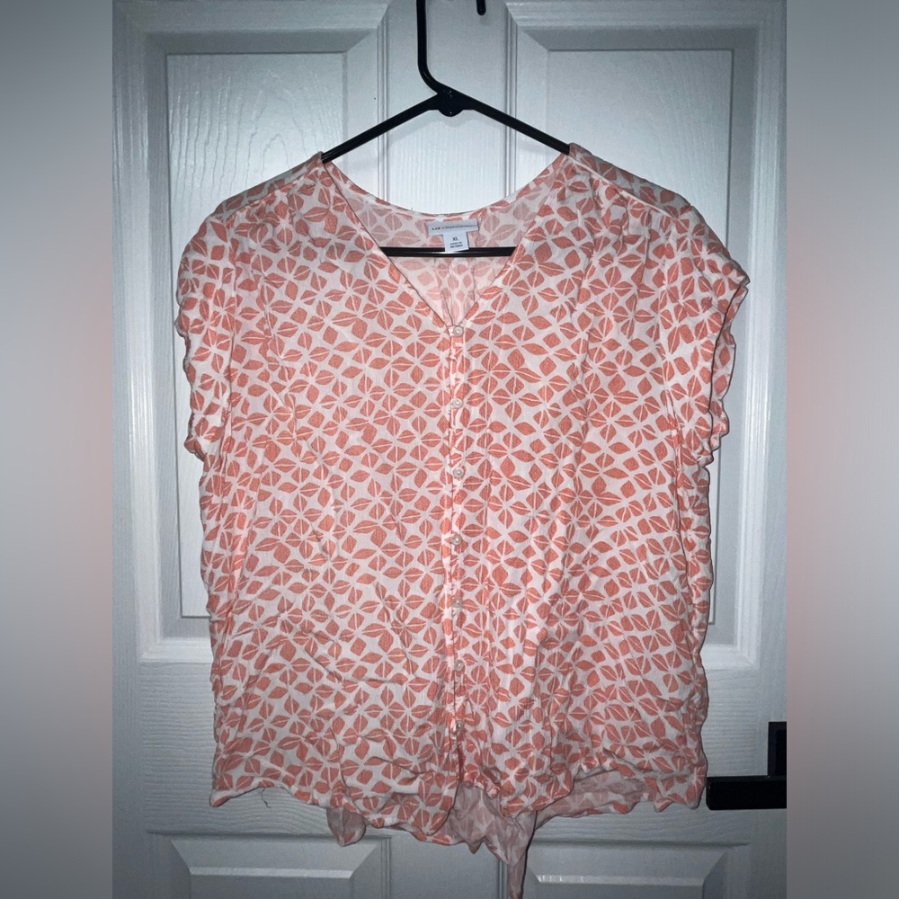 Liz Claiborne women top blouse orange print short sleeves V neck X-Large